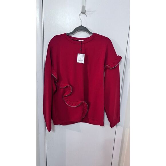 Zara Trafaluc Red Zipper Ruffle Embellished Sweater Sweatshirt SZ S NEW - Picture 2 of 9